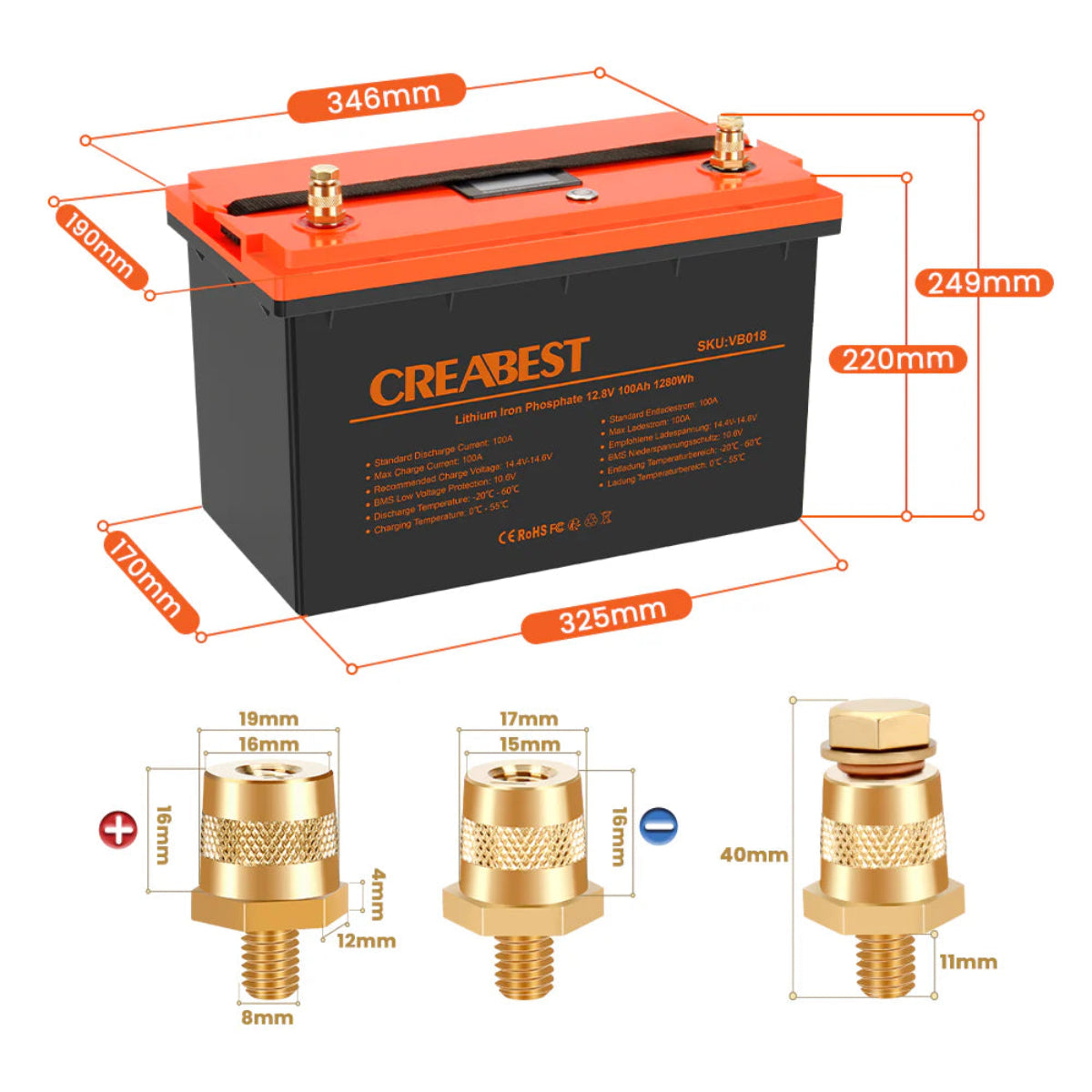 LiFePO4 12V 100Ah Batterie – technische Abmessungen