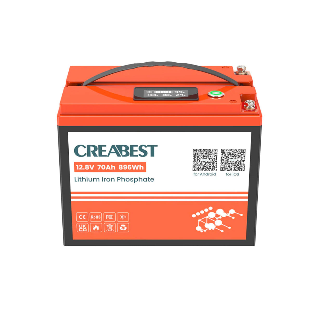 LiFePO4 12V 70Ah Batterie mit Bluetooth – Seitenansicht mit Anschlussports